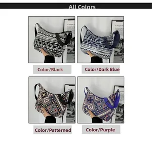 Détails des quatre coloris de sacs bandoulière en toile avec motifs ethniques