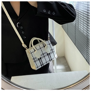 Détail d'un mini sac en tweed avec bandoulière en cuir blanc et boucles dorées