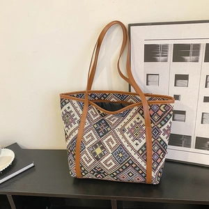 Sac Fourre-Tout Tissé Géométrique Ethnique Pour Femmes Grande Capacité PU Cuir Sac À Main Épaule Mode Décontracté Rétro