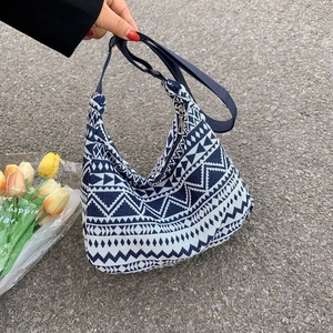 Ethnic Geometric Pattern Woven Canvas Shoulder Bag Japanese Vintage Large Capacity Crossbody Bag For Women Girls