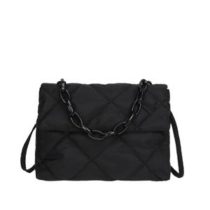 Chic black quilted nylon shoulder bag with thick chain handle and cross-body strap