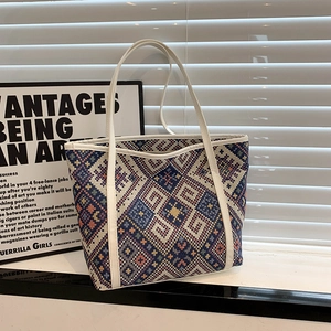 Geometric ethnic pattern canvas tote bag with large capacity and white leather straps