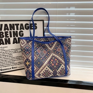Ethnic Geometric Woven Tote Bag Large Capacity PU Leather Trim Shoulder Bag Vintage Pattern Casual Handbag For Women