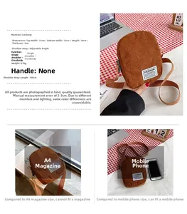Brown corduroy mini shoulder bag with size specifications and A4 magazine comparison view
