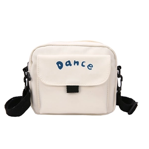 Minimalist off-white nylon crossbody bag for women featuring blue Dance print and adjustable strap