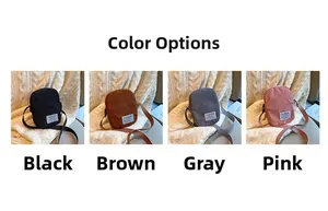 Detailed grid of mini corduroy crossbody bags in four colors with fashion label detail