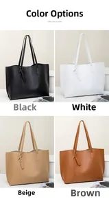 Detail showcasing minimalist large capacity tote bags in black, white, apricot, and brown leather