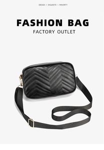Detail of the black quilted crossbody camera bag featuring a stylish wave pattern texture