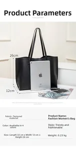 Detailed size parameters of large black tote bag measuring 32x12x26cm with lightweight design