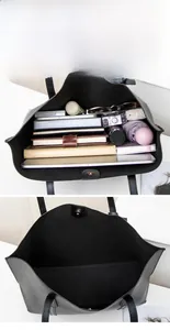 Large black leather tote bag interior showing capacity for laptops and daily essentials