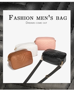 Macro view of V-shaped quilted PU leather crossbody bags with adjustable nylon straps