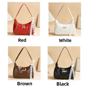 Detailed grid view of minimalist glossy faux leather handbags in four elegant colors