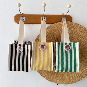 Striped Canvas Handbag Contrast Color Mini Tote Bag With Cartoon Badge Casual Fashion Korean Style Shopping Handbag