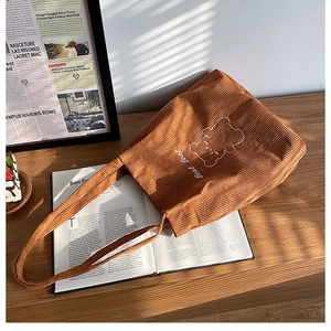 Dettaglio di una borsa tote in velluto marrone con ricamo a forma di orso e scritta Best Bear
