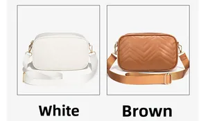 Detailed comparison of white and brown camera bags with V-shaped quilting and wide straps