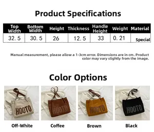 Guide des tailles détaillé et quatre options de couleurs pour le grand sac fourre-tout