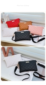 Detail showing five colors of quilted crossbody bags with metal accents and adjustable straps