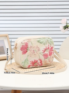 Borsa a tracolla con ricami floreali e paillettes che mostra le dimensioni 19x14x7cm