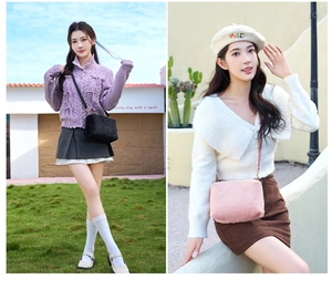Détail du sac bandoulière en fausse fourrure pelucheuse avec sangle en cuir chic