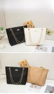 Detail showing wave-quilted tote bags with gold chain straps in black, white, and khaki