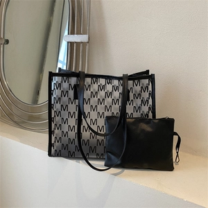Transparent Tote Bag Monogram Letter PU Leather Trim Large Capacity Handbag With Pouch Chic Casual Shoulder Bag For Women