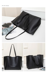 Detailed views of a large black leather tote bag with parallel stitching and slim straps