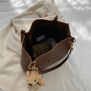 Brown large PU leather tote bag with FASHION label and cute bear charm pendant
