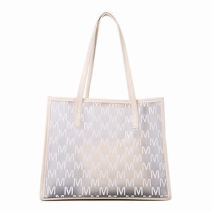 Stylish oversized tote bag in transparent PVC with white M-pattern and leather handles