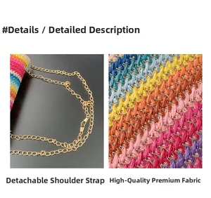 Detail of colorful woven bag featuring golden detachable chain strap and striped fabric