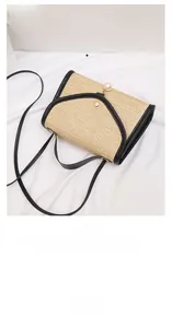 Close-up of woven straw bag detail featuring pearl pendant and black leather piping