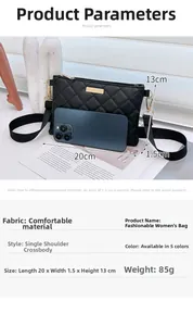 Quilted crossbody bag dimensions 20x13cm shown with a smartphone for scale