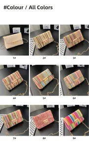 View of 9 different colorful woven flap chain bags with metal clasps and gold chains