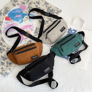 Women Corduroy Waist Bag Adjustable Strap Chest Crossbody Belt Bag Street Trend Casual Multi Pocket Fashion Letter Decor