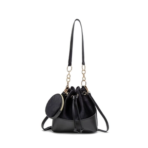 Black drawstring bucket bag with velvet panels, gold chain strap and mini coin purse