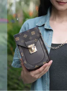 Macro view of vintage brown monogram pattern and gold metal chain strap on crossbody bag