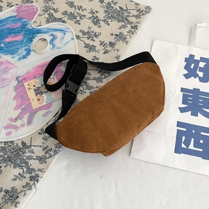 Retro caramel brown corduroy waist bag with adjustable strap and casual sports style