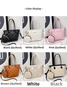 Detailed grid view of quilted leather and straw bucket bags in various classic colors