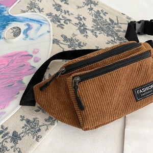 Caramel corduroy chest bag for women with dual zippers and adjustable black strap