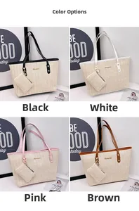 Detail view of woven straw tote bags in four colors with matching charm and PU leather handles