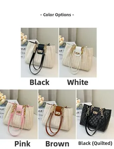 Detail showing five straw-woven bucket bags with chain straps in multiple colors