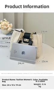 Contrast woven tote bag size detail showing 24x10x19cm dimensions with metal chain strap