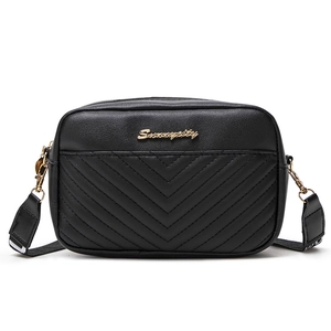 Classic black chevron quilted crossbody camera bag with gold hardware and fabric strap