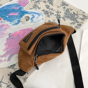 Brown corduroy chest bag with adjustable strap and front fashion label for women
