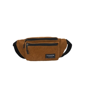 Caramel corduroy waist bag featuring double zippers and adjustable black strap