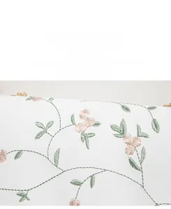 Close-up of elegant floral embroidery and fabric texture on a white shoulder bag