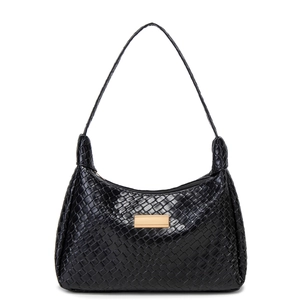 Sac sous le bras tissé noir chic avec plaque en métal doré et bandoulière hobo