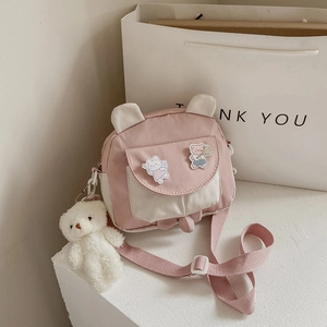 Cute Cartoon Rabbit Bear Ear Canvas Crossbody Bag Kids Girls Japanese Style Small Shoulder Bag With Plush Pendant