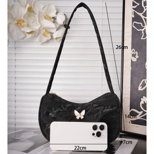 Chic black pleated shoulder bag with gold butterfly buckle and size measurements
