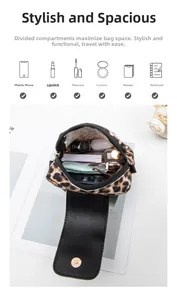Vertical crossbody leopard print bag interior detail showing storage for phone and makeup