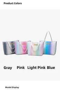 Vue détaillée de grands sacs cabas matelassés en dégradés de gris, rose et bleu